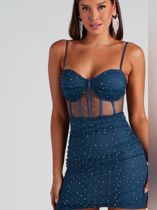 Windsor Dresses & Skirts - Windsor Indigo Mesh Rhinestone Bustier Dress